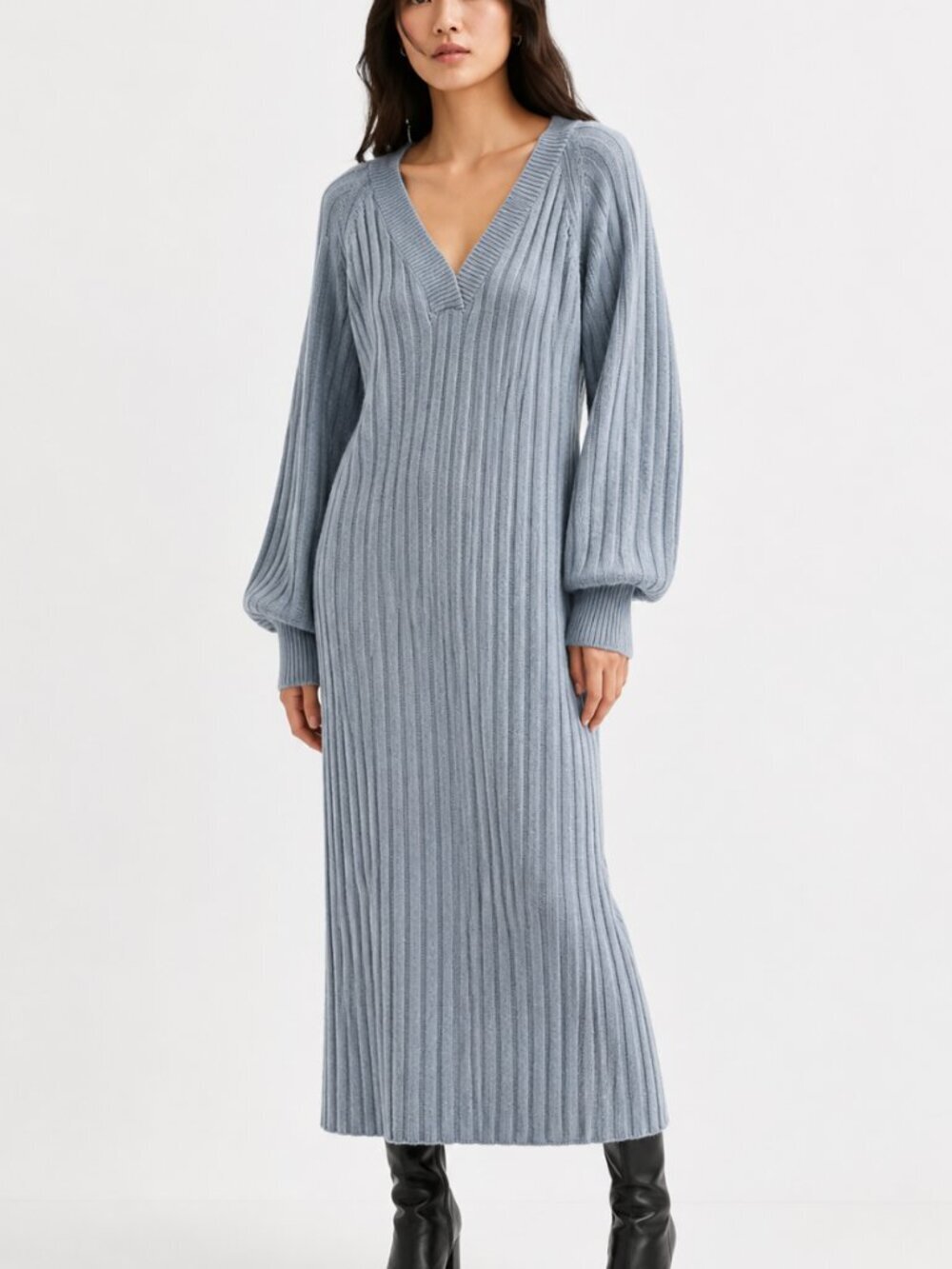 H&M Light Blue Chunky VNeck Thick Rib Knit Heavyweight Midi Maxi Sweater Dress S